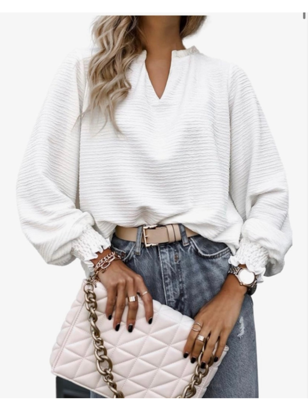 NEW White Long Sleeve Plisse V Neck Career Blouse Shirt L